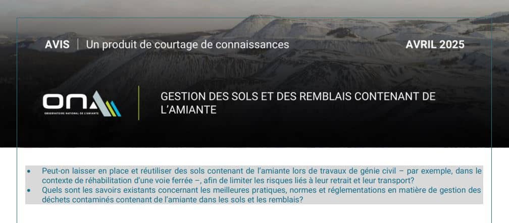 Avis de l'ONA sur les règles de gestion des sols et remblais contenant de l'amiante
